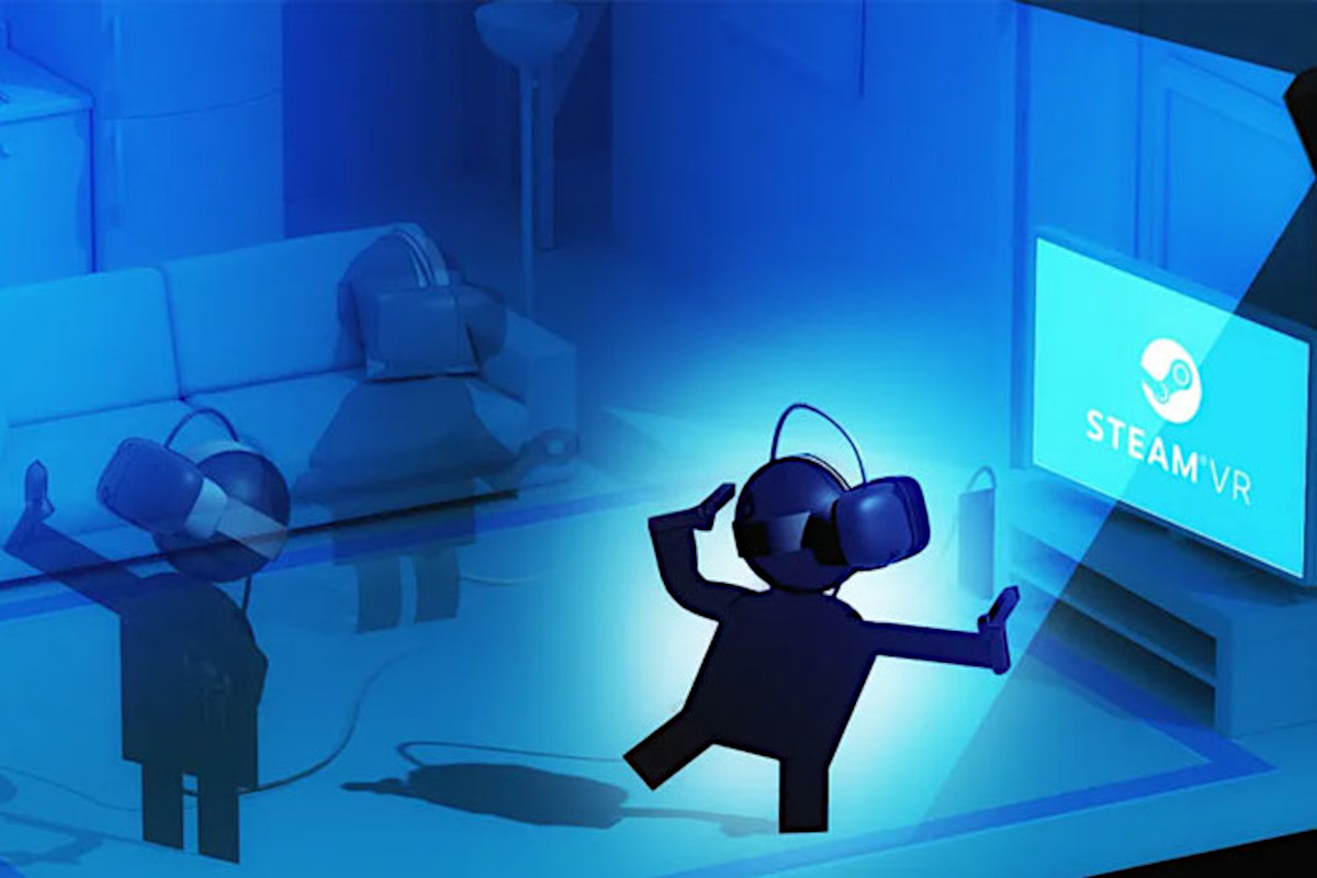 Illustration of VR gamer in headset in different positions in front of SteamVR TV